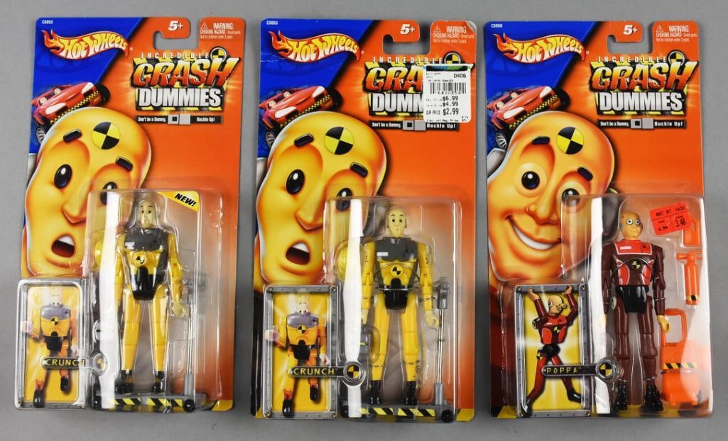 (3) 2003-04 Mattel Hot Wheels Crash Dummies - MOC - NOS: Lot is three 2003-04 Mattel Hot Wheels Crash Dummies - MOC - NOS. Includes Poppa and two Crunch. Single owner collection from the largest toy collector on the west coast.