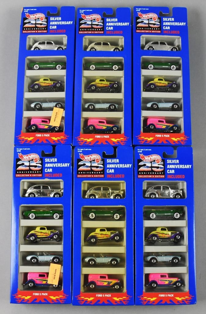 (6) 1993 Mattel Hot Wheels 25th Anniversary Collection-NOS: Lot is six 1993 Mattel Hot Wheels 25th Anniversary Collection-NOS. Each set contains a silver anniversary car. Single owner collection from the largest toy collector on the west coast.