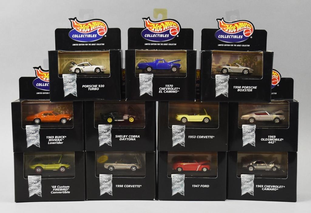 (11) 1998 Mattel Hot Wheels Collectibles 1:64 w/Case-NOS: Lot is 11 1998 Mattel Hot Wheels Collectibles 1:64 w/Case-NOS. Each in black box, includes Porsche 930 Turbo, 1998 Porsche Boxter, 1953 Corvette, 1998 Corvette, 1970 El Camino, 1969 Camaro, 68 Custom