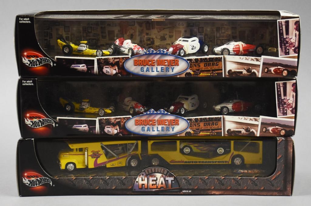 (3) 2001 Mattel Hot Wheels 100% Multi Car Packs-MIB-NOS: Lot is three 2001 Mattel Hot Wheels 100% Multi Car Packs-MIB-NOS. Includes Haulin' Heat and two Bruce Meyer Gallery. Single owner collection from the largest toy collector on the west coast.