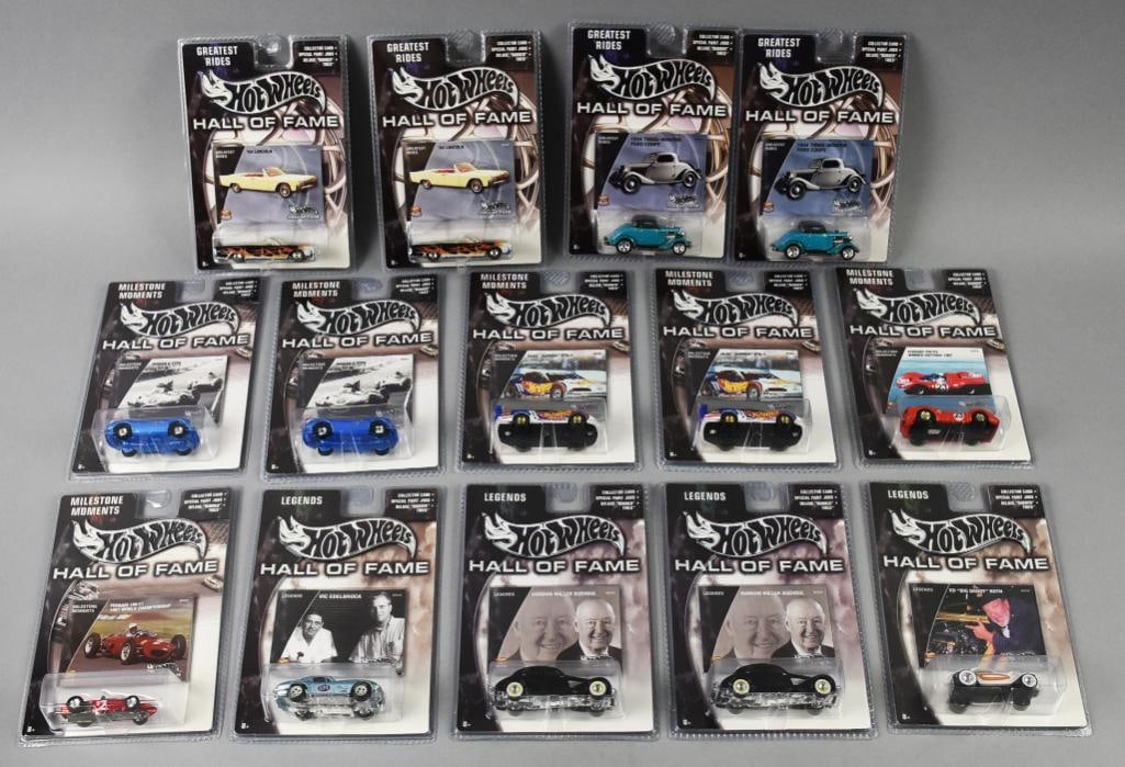 (14) 2002 Mattel Hot Wheels Hall of Fame Die Cast-MOC-NOS: Lot is 14 2002 Mattel Hot Wheels Hall of Fame Die Cast-MOC-NOS. Includes Olds Aurora, Jaguar D Type, 810 Cord, '64 Lincoln, '34 Ford Coupe and more, contains duplicates. Single owner collection from t