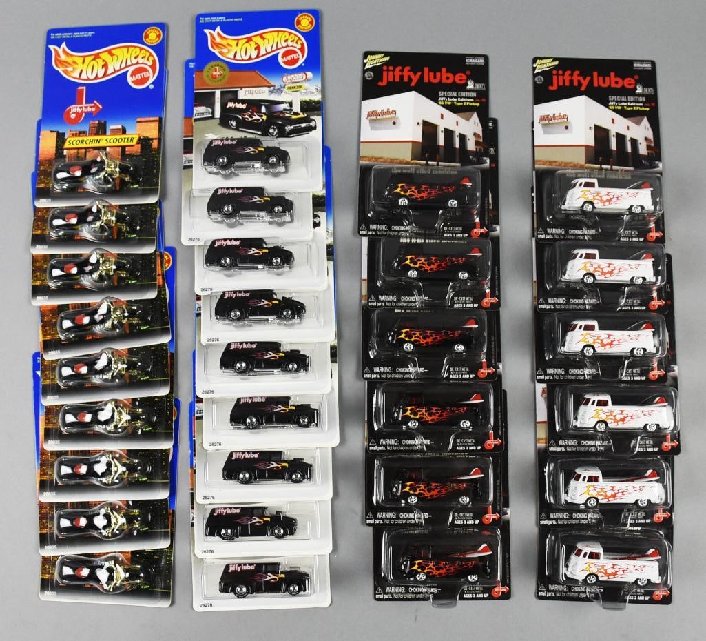 (30) 1998-99, 03 Mattel Hot Wheels Jiffy Lube Advert-MOC-NOS: Lot is 30 1998-99, 03 Mattel Hot Wheels Jiffy Lube Advert-MOC-NOS. Includes six each black '65 VW Type 2 Pickup and white '65 VW Type 2 Pickup and nine each '56 Ford Truck and Scorchin' Scooter. Singl