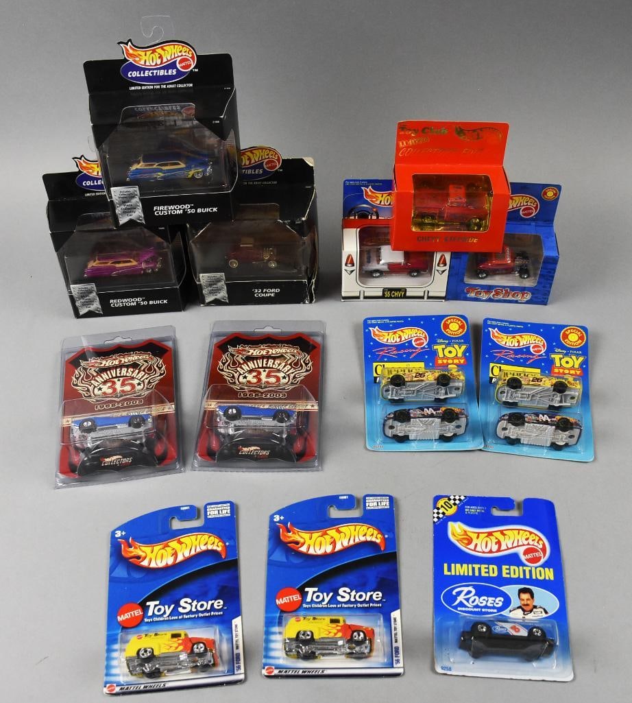 (13) 1990s-2000s Mattel Hot Wheels Collectibles PLUS-NOS: Lot is 13 1990s-2000s Mattel Hot Wheels Collectibles PLUS-NOS. Includes Redwood Custom '50 Buick, Firewood Custom '50 Buick and '32 Ford Coupe-all with display cases, Toy Club Chevy Stepside, '55 Chev
