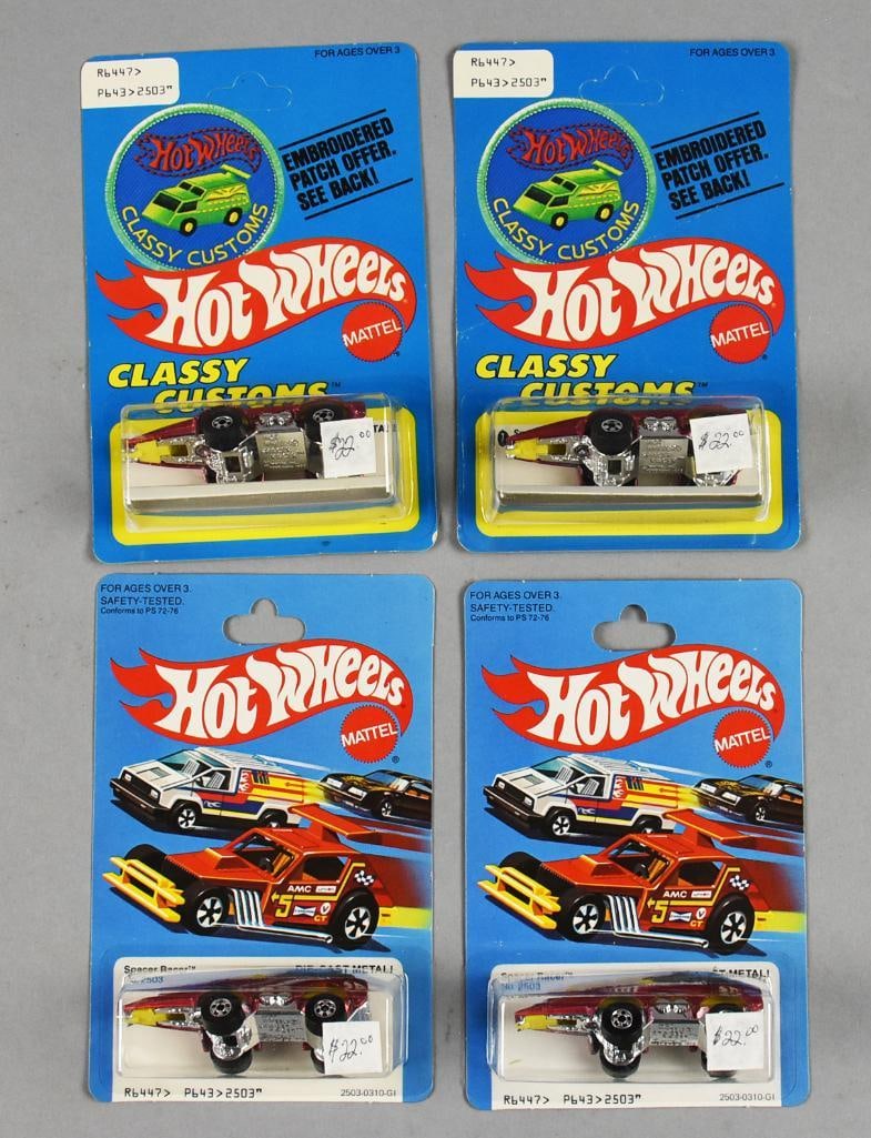 (4) Mattel Hot Wheels Classy Customs-Spacer Racers-Unpunched: Lot is 1977, 1981 Mattel Hot Wheels Classy Customs-Spacer Racers-two Unpunched cards. Single owner collection from the largest toy collector on the West Coast.