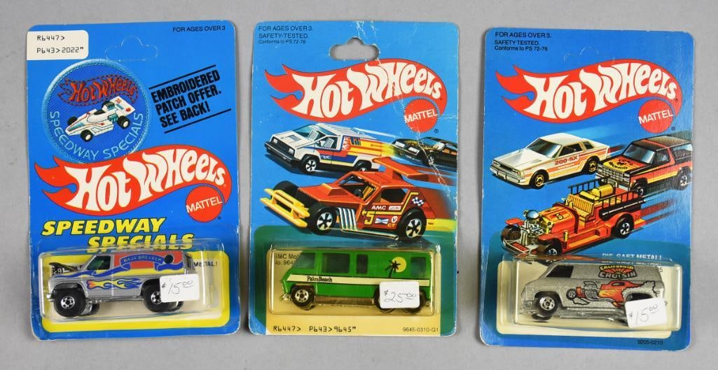 (3) 1977, 80-81 Hot Wheels Vans-Unpunched-MOC-NOS: Lot is three 1977, 80-81 Hot Wheels Vans-Unpunched-MOC-NOS. Includes 1977 Baja Breaker, 1980 GMC Motor Home and 1981 California Cruisin'. Two unpunched cards. Single owner collection from the largest