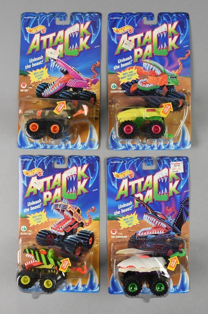 (4) 1992 Mattel Hot Wheels Attack Pack/Attack Mack-MOC-NOS: Lot is four 1992 Mattel Hot Wheels Attack Pack/Attack Mack-MOC-NOS. Includes Slash Cat, Sandstinger, The Dark Claw and Rip Rat. Single owner collection from the largest toy collector on the West Coast