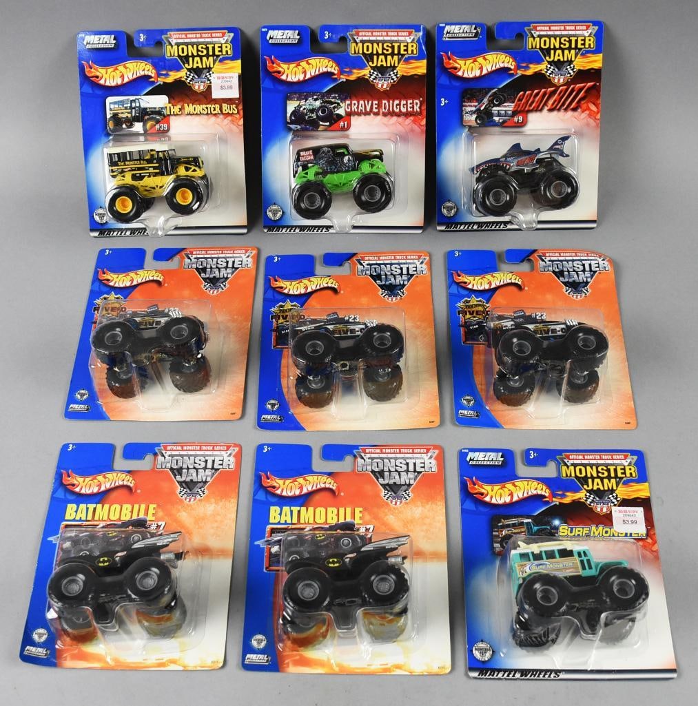 (9) 2002-03 Mattel Hot Wheels Monster Jam Die Cast-MOC-NOS: Lot is nine 2002-03 Mattel Hot Wheels Monster Jam Die Cast-MOC-NOS. Includes Surf Monster, The Monster Bus, Grave Digger, Great Bite, two Batman and three Five-O. Single owner collection from the larg