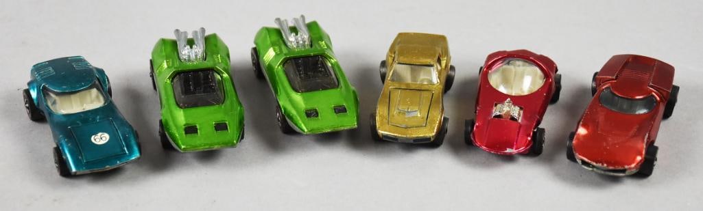 Red Line (6) 1967-69 Mattel Hot Wheels Die Cast Cars: Lot is six 1967-69 Mattel Hot Wheels Die Cast Cars. Includes an assortment of vintage Hot Wheels die cast cars. Includes two Peeping Bomb, Custom Corvette, Silhouette, Torero and Turbo Fire. Vintage R