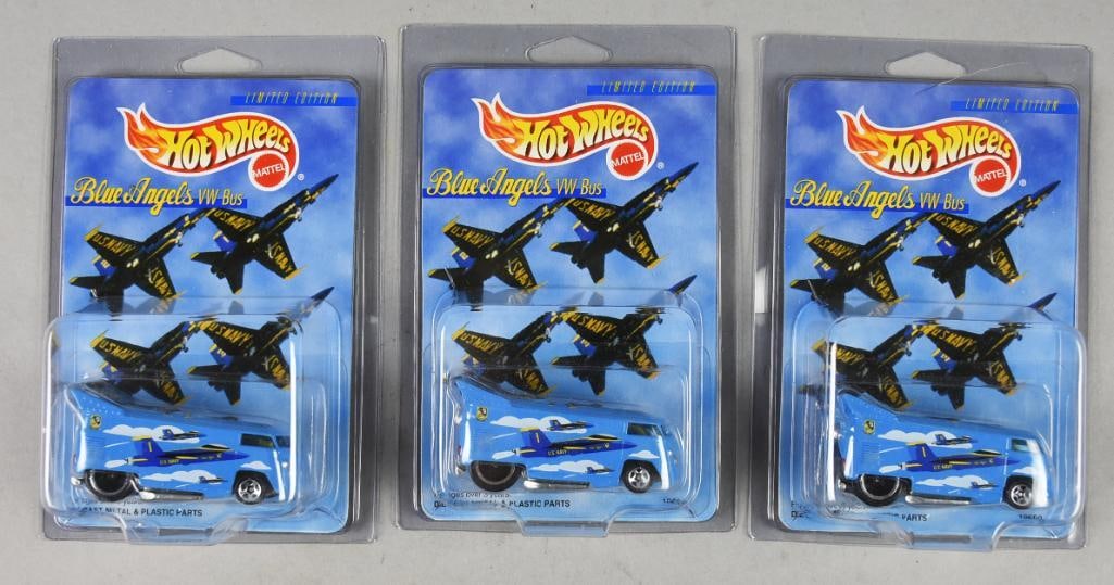 (3) 1997 Mattel Hot Wheels Blue Angels VW Drag Bus-MOC-NOS: Lot is three 1997 Mattel Hot Wheels Blue Angels VW Drag Bus-MOC-NOS. Single owner collection from the largest toy collector on the West Coast.