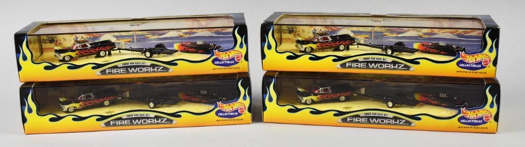 (4) 1999 Mattel Hot Wheels Fire Workz Cool Classics-NOS: Lot is four 1999 Mattel Hot Wheels Fire Workz Cool Classics-NOS. Each box contains a 59 Chevy El Camino and a Crackerbox Racer with boat trailer. Single owner collection from the largest toy collector