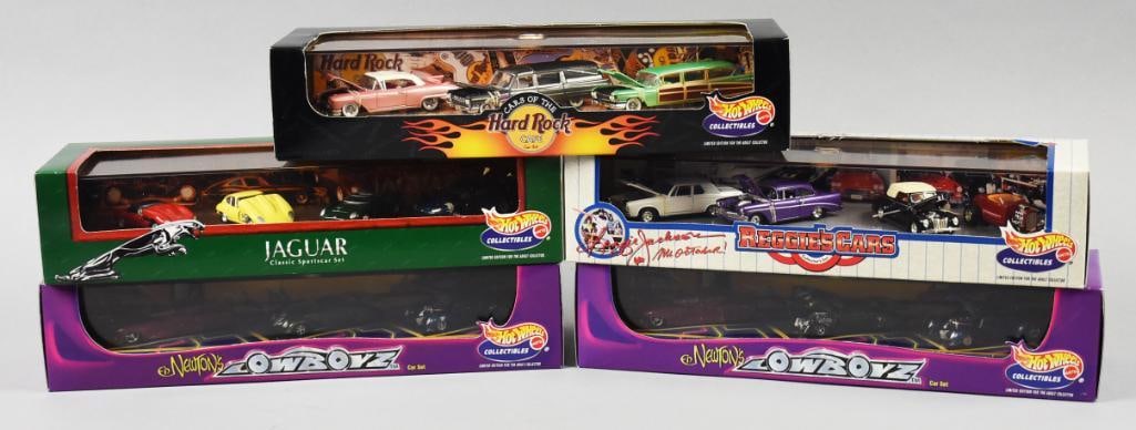 (5) 1998-99 Mattel Hot Wheels Multi Packs - MIB - NOS: Lot is five 1998-99 Mattel Hot Wheels Multi Packs - MIB - NOS. Includeds a pack of Jaguar, Hard Rock, Reggie's Cars and two Cowboyz. Single owner collection from the largest toy collector on the West 
