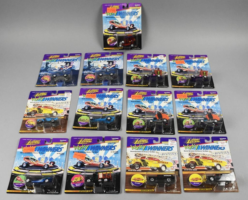 (13) 1996 Johnny Lightning Wacky Winners - MOC - NOS: Lot is 13 1996 Johnny Lightning Wacky Winners - MOC - NOS. Includes Root Beer Truck, Garbage Truck, Cherry Bomb and more, with duplicates. Single owner collection from the largest toy collector on the