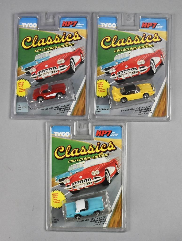 (3) 1992 Slot Cars Tyco HP Classics-MOC-NOS: Lot is three 1992 Tyco HP Classics-MOC-NOS. Includes a 57 T-Bird, 70 Super Bird and 60 Corvette. Single owner collection from the largest toy collector on the West Coast.