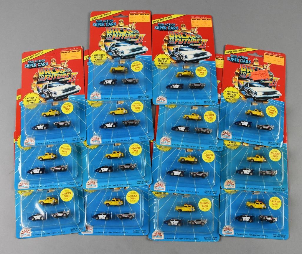 Back to the Future(14) 1989 Funrise Multi Packs-MOC-NOS: Lot is 14 1989 Funrise Back to the Future Multi Packs-MOC-NOS. Each pack includes the Delorean, Police Car and Luxor Cab. Single owner collection from the largest toy collector on the West Coast.