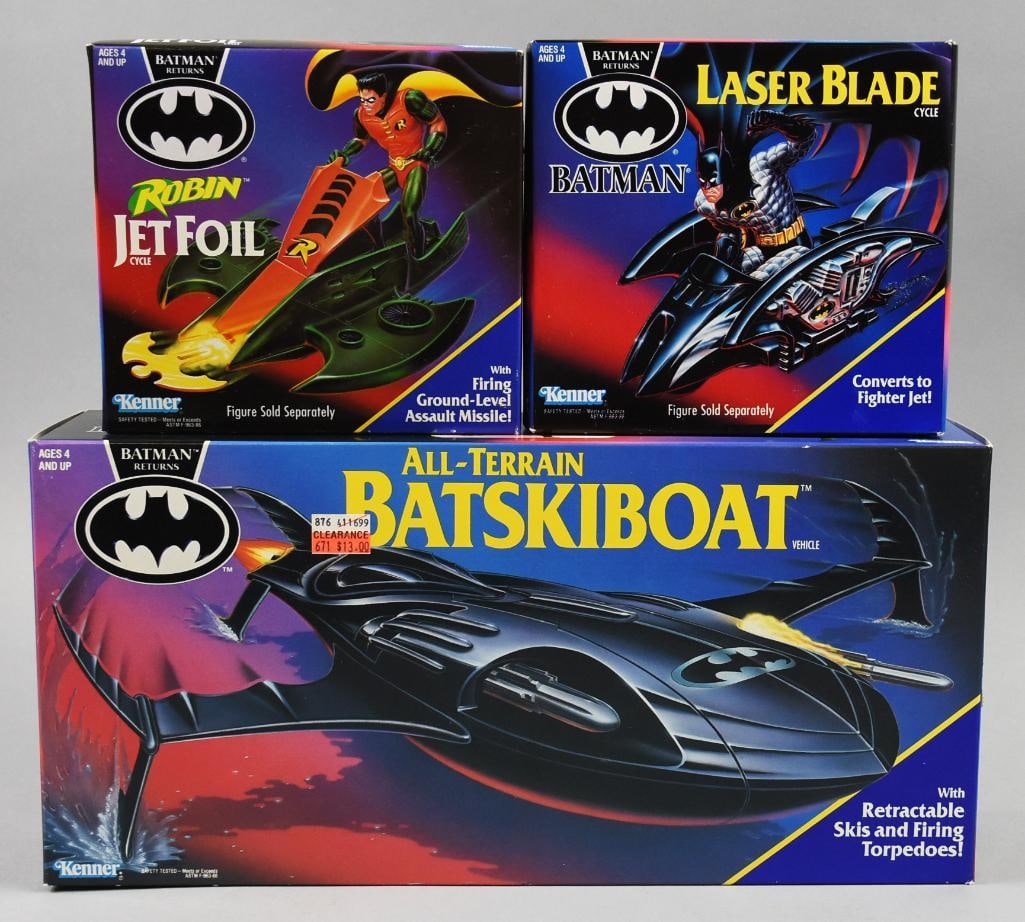 (3) 1991-92 Kenner Barman & Robin Vehicles-MIB-NOS: Lot is three 1991-92 Kenner Barman & Robin Vehicles-MIB-NOS. Includes Batskimobile, Jef Foil and Laser Blade. Single owner collection from the largest toy collector on the West Coast.