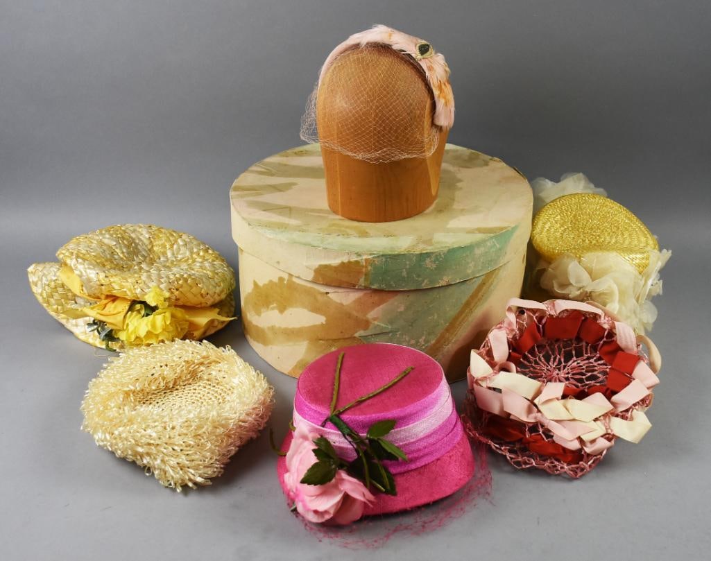 1950s-60s Ladies Hats with Hat Box and Head Form: These beautiful hats are from the 1950s and 1960s. They are straw, feather and velvet and come with the wooden head form and hat box. From the estate of Dr. Jemima H.Hayne (1896-1984), an American doc