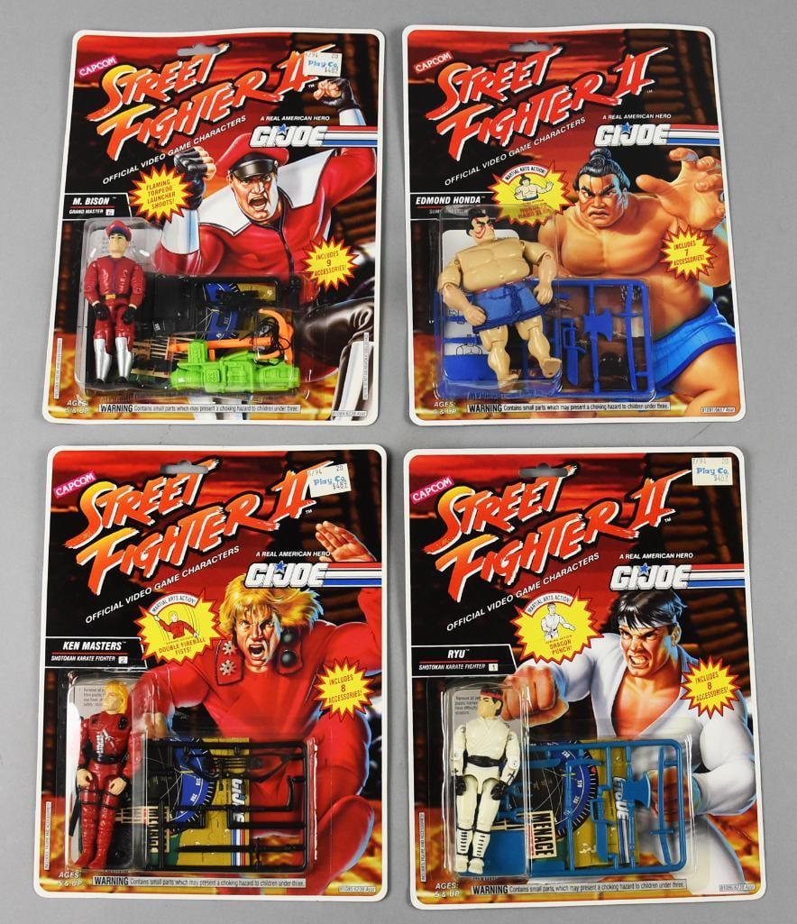 (4) 1993 Hasbro GI Joe Street Fighters II Figures-MOC-NOS: Lot is four 1993 Hasbro GI Joe Street Fighters II Figures-MOC-NOS. Includes M. Bison, Edmond Honda, Ken Masters and Ry. Single owner collection from the largest toy collector on the West Coast.