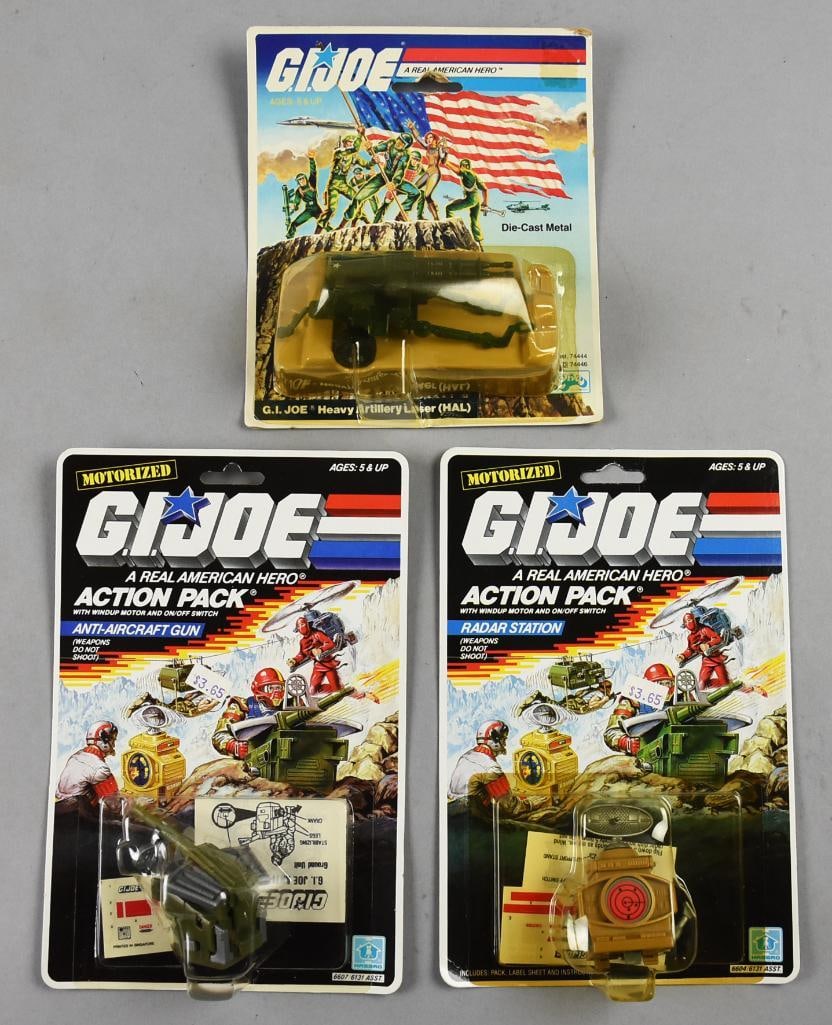 (3) 1983, 1987 GI Joe Action Packs-MOC Destro-Chinese: Lot is three 1983, 1987 Hasbro/Aviva GI Joe Action Packs-Carded. Consists of one HAL, one Radar Station and one Anti Aircraft Gun.