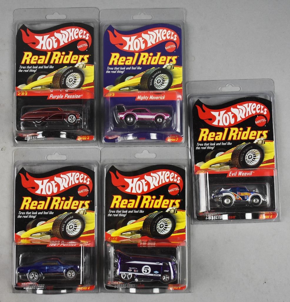 (5) 2003-04 Mattel Hot Wheels Real Riders-MOC-NOS: Lot is five 2003-04 Mattel Hot Wheels Real Riders-MOC-NOS. Includes Purple Passion, Mighty Maverick, 1967 Pontiac GTO, Evil Weevil and VW Bus. Single owner collection from the largest toy collector on