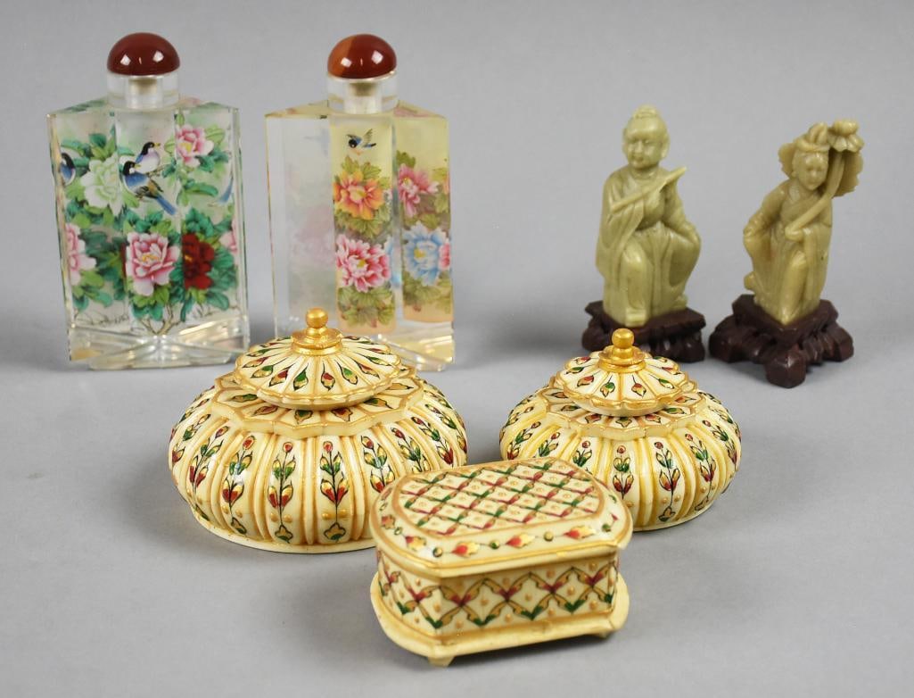 Chinese Soapstone, Bone & Glass Assortment: These sweet pieces are soapstone and made in China. They are a carved man and woman with stand, also of carved soapstone and each person is one piece. The visible marks are 43 12 and both are approx.