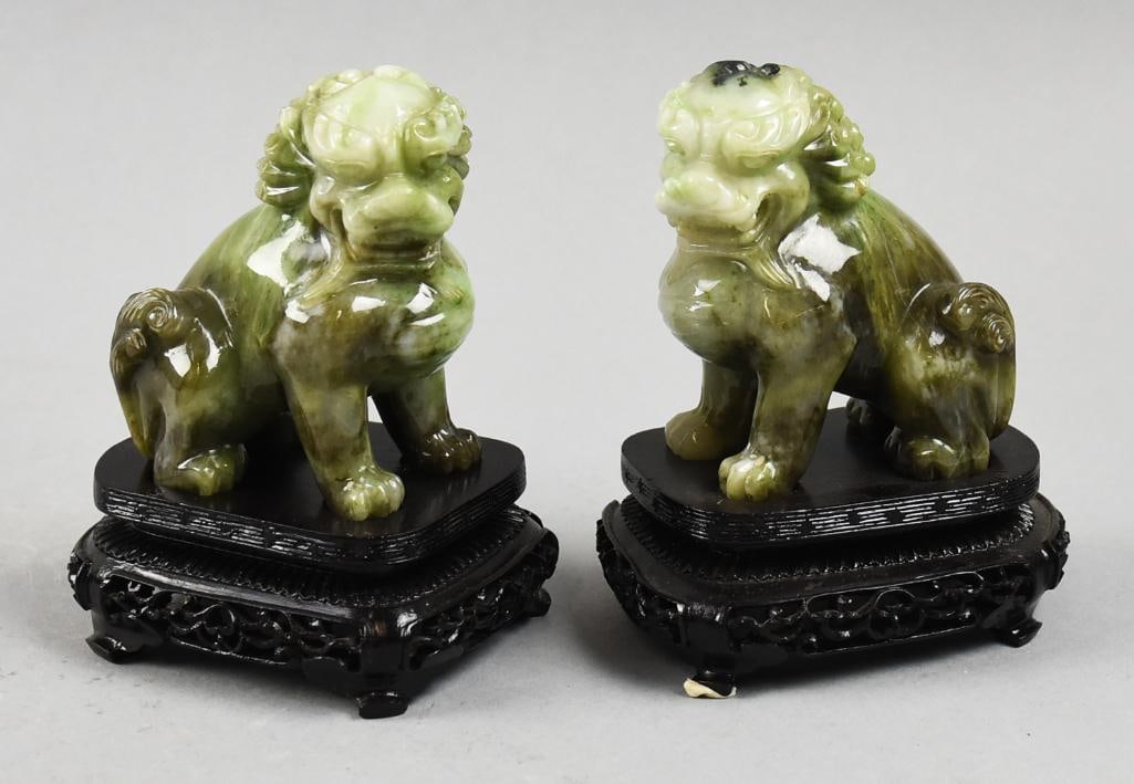 Pair Chinese Carved Jade Foo Lions/Dogs-Stands: Great looking pair of vintage Chinese Foo lions or dogs. Each is carved jade and come on their own stands. No visible marks and both ae approx. 5" tall.