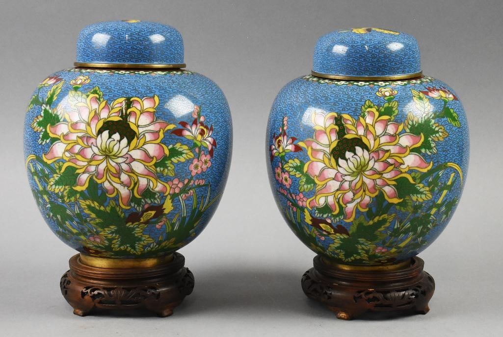 Pair Chinese Porcelain Pair Ginger Jars w/ Stands (1 of 6)