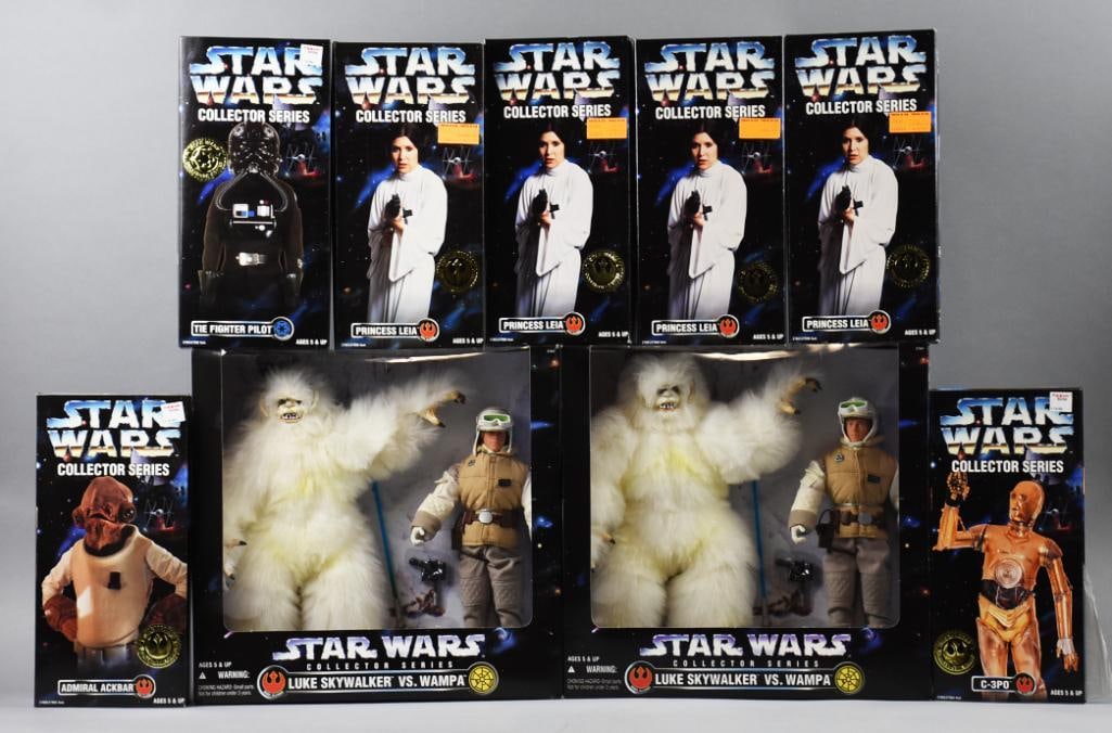 (9) 1996-97 Kenner Star Wars Collector Series Figs-MIB-NOS: Lot is nine 1996-97 Kenner Star Wars Collector Series Figs-MIB-NOS. Includes Admiral Ackbar, C-3PO, TIE Fighter Pilot, four Princess Leia and a pair of two pack Luke Skywalker vs. Wampa. Single owner