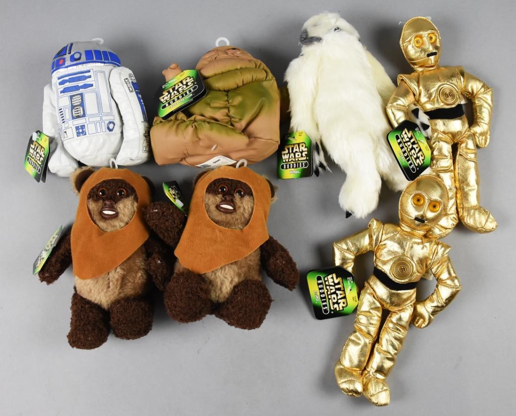 (7) 1997-98 Kenner Star Wars Plush Buddies - NWT - NOS: Lot is seven 1997-98 Kenner Star Wars Plush Buddies - NWT - NOS. Includes Wampa, Jabba the Hutt, R2D2 and two each C-3PO and Ewok. Single owner collection from the largest toy collector on the West Co