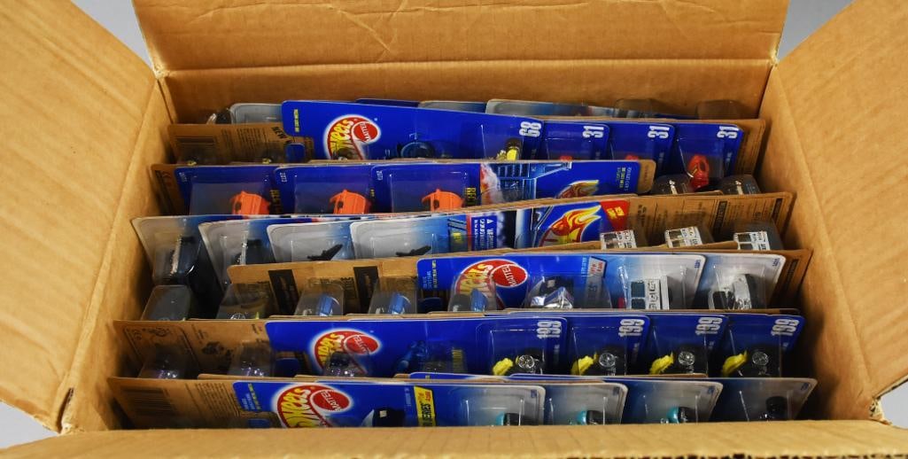 (157) 1990s Mattel Hot Wheels Original Factory Case-MOC-NOS: Lot is 157 1990s Mattel Hot Wheels Original Factory Case-MOC-NOS. Per list contents are one each: Rodzilla, Double Demon, Bywayman. Two each: 59 Cadillac, Zombot, Shadow Jet II, Vector Avtech, St. Roa