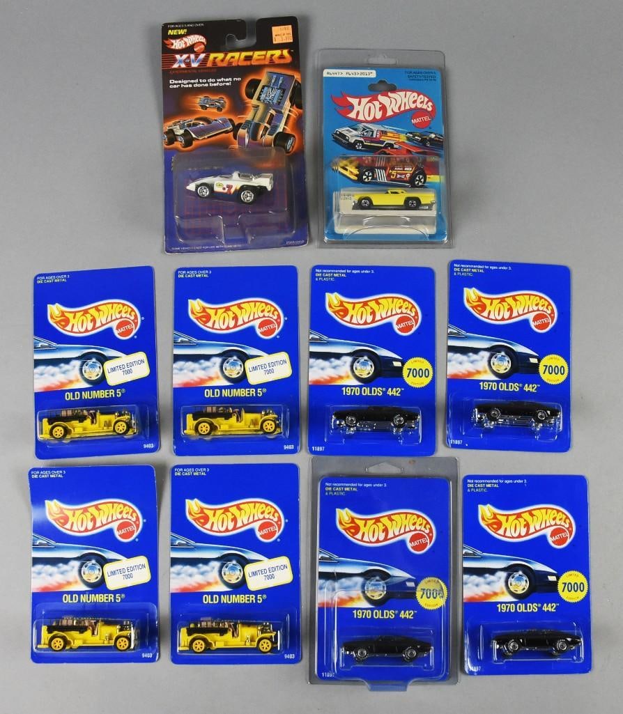 (10) 1970s-90s Mattel Hot Wheels Die-Cast-MOC-NOS: Lot is 10 1970s-90s Mattel Hot Wheels Die-Cast-MOC-NOS. Includes '57 T-Bird (1978), VX Racer (1985) and two each: 1970 Olds 442 and Old Number 5 (1991). Single owner collection from the largest toy co