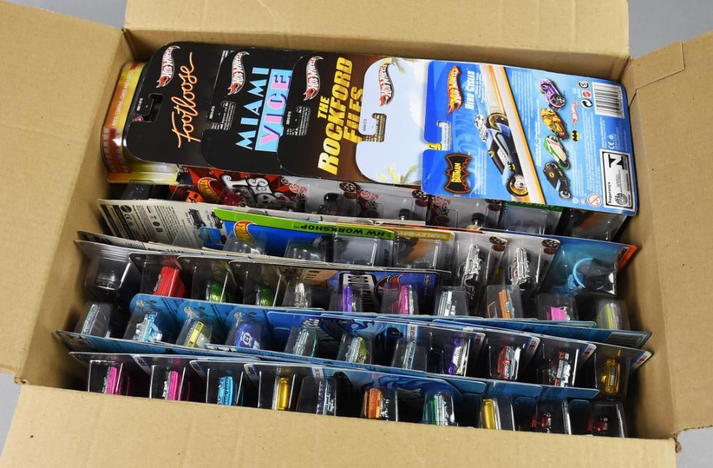 (72) 2000s Mattel Hot Wheels Unsorted Die-Cast-MOC-NOS: Lot is 72 2000s Mattel Hot Wheels Unsorted Die-Cast-MOC-NOS. As shown, several 80s television shows. Single owner collection from the largest toy collector on the West Coast.