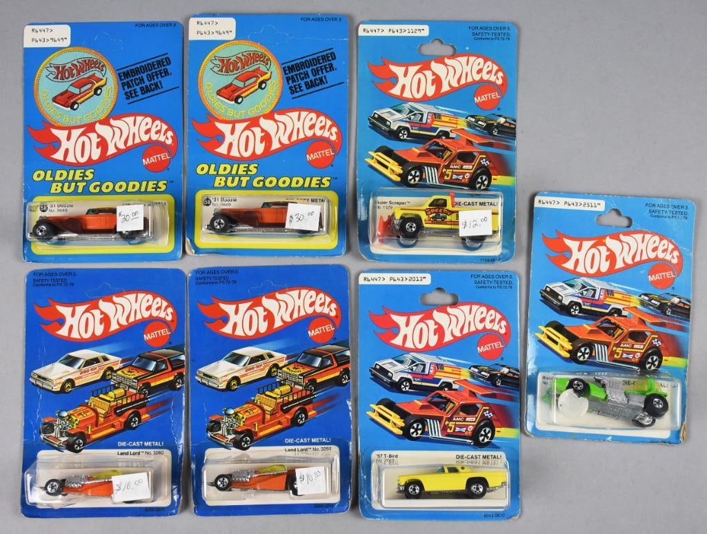 (7) 1970s-80s Mattel Hot Wheels Assortment-MOC-NOS: Lot is seven 1970s-80s Mattel Hot Wheels Assortment-MOC-NOS. Includes one Bubble Gunner, Super Scraper, T-Bird and two each Landlord and '31 Doozie. Single owner collection from the largest toy collec