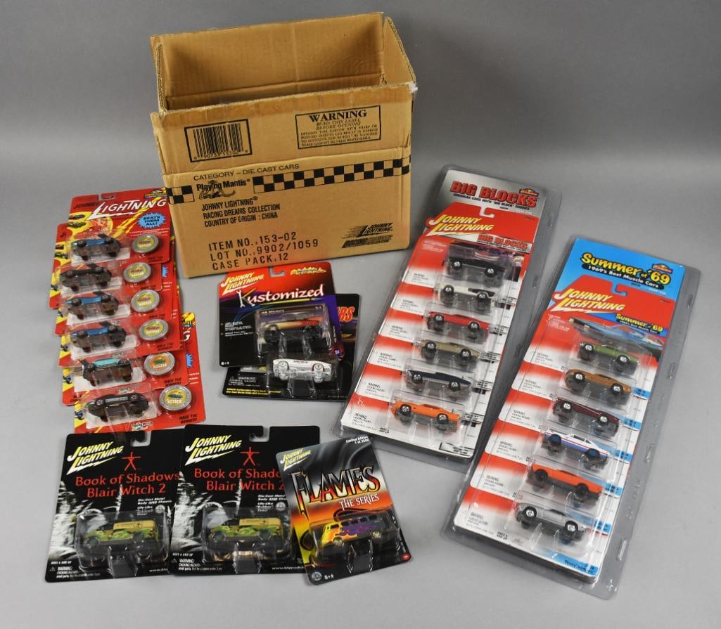 (20) 1990s-00s Johnny Lightning Variety-MOC-NOS: Lot is 20 1990s-00s Johnny Lightning Variety-MOC-NOS. Racind Dreams with Factory Case, Big Blocks, Summer '69, '69 Camaro, Kustomized, Flames, Blair Witch, Commemorative. Lot with duplicates. Includes
