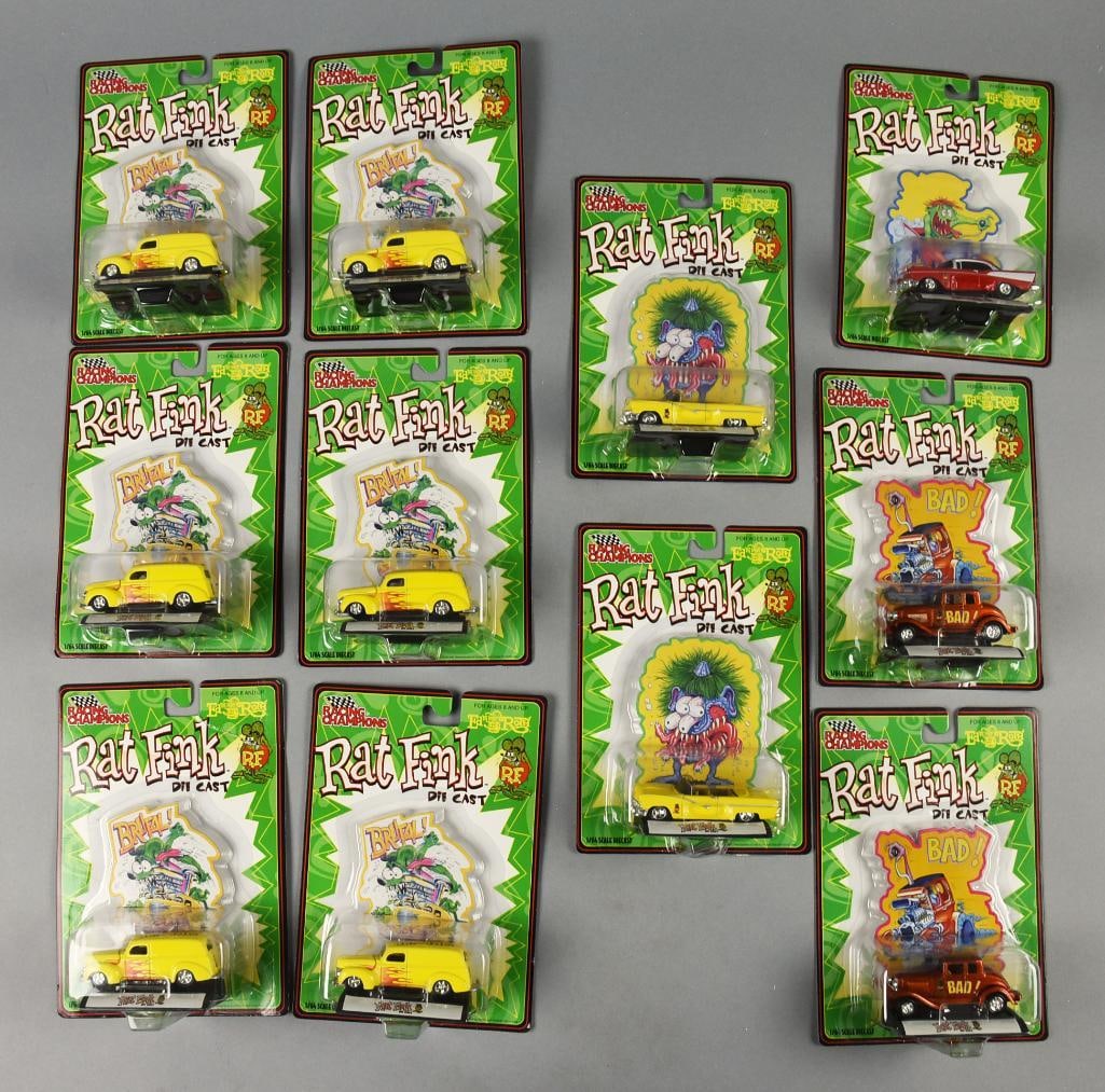(11) Rat Fink 2000 Racing \ Diecast-MOC-NOS: Lot is 11 2000 Racing Champions Rat Fink Diecast-MOC-NOS. Includes one '57 Chevy Mr. Gasser, two each yellow Ford Convertible and BAD and six Ford Delivery. Single owner collection from the largest to