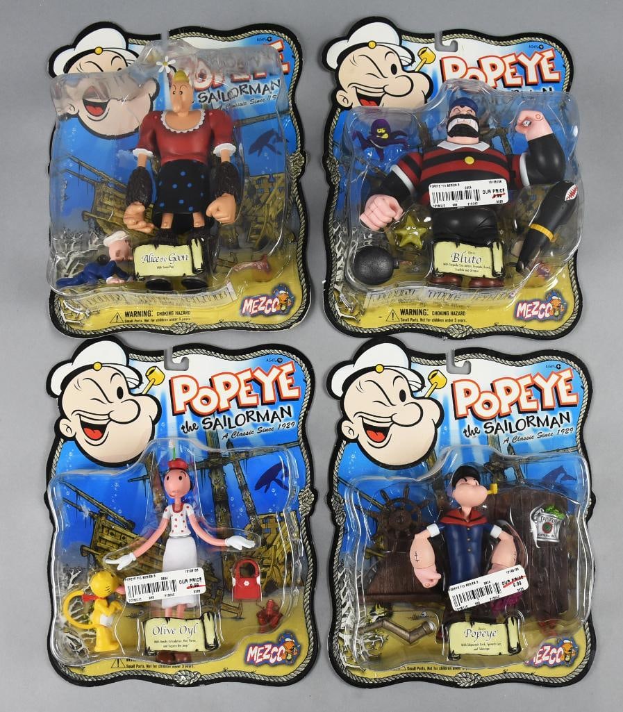 (4) 2001 Mezco Popeye Action Figures - MOC-NOS: Lot is four 2001 Mezco Popeye Action Figures - MOC-NOS. Includes Popeye, Olive Oyl, Alice the Goon and Bluto. Single owner collection from the largest toy collector on the West Coast.