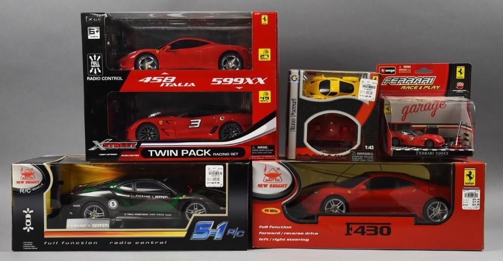 (6) 2000s Burago-Italia PLUS Radio Controlled Ferrari - NOS: Lot is six 2000s Burago-Italia PLUS Radio Controlled Ferrari - NOS. Includes New Bright, Burago and more. Single owner collection from the largest toy collector on the West Coast.