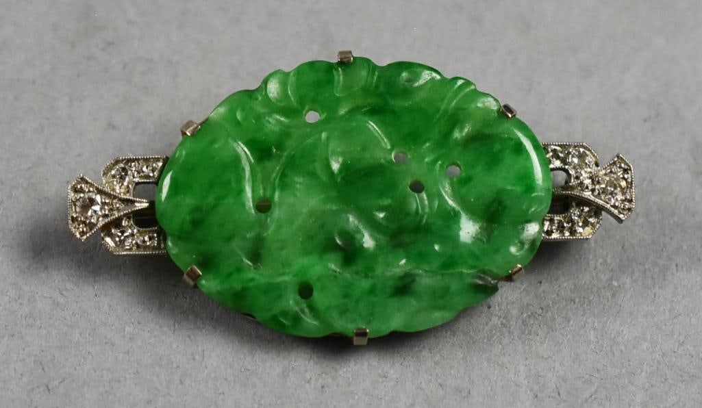 Art Deco Chinese 18K White Gold, Jade & Diamond Brooch (1 of 6)