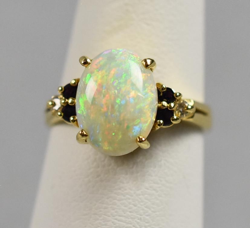 Vintage 18K Yellow Gold Natural Opal, Diamond, Amethyst Ring (1 of 8)
