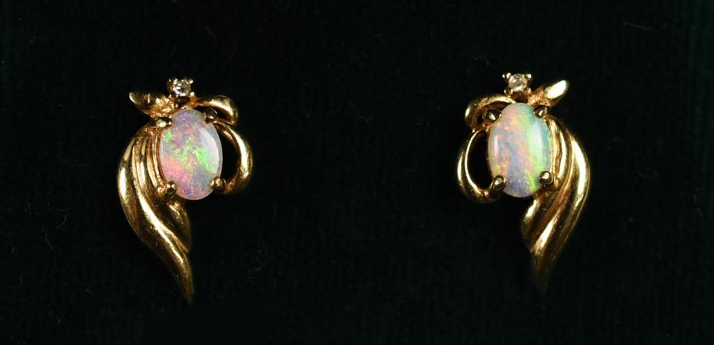 Vintage 14K Yellow Gold Natural Opal, Diamond Post Earrings (1 of 8)