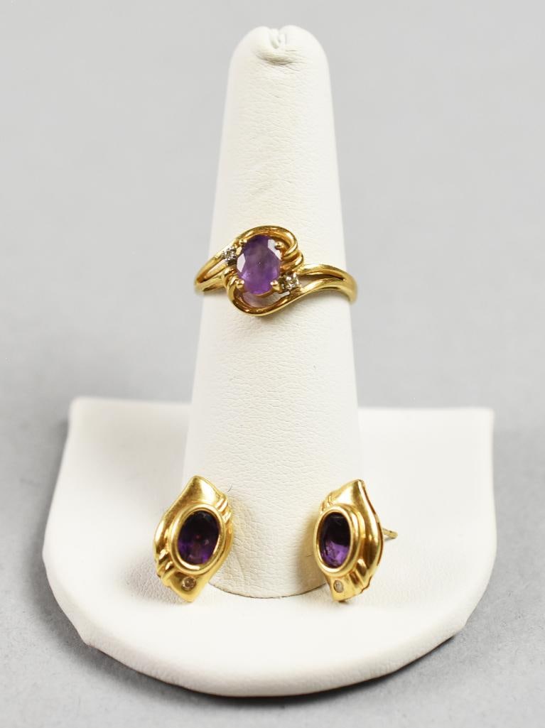 Vintage 14K Gold, Amethyst & Diamond Ring & Earrings (1 of 14)