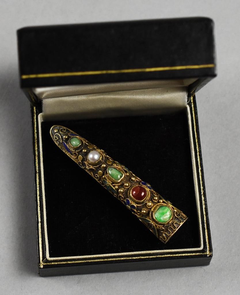 Vintage Chinese Gilt Sterling-Gem Stone Fingernail Guard Pin (1 of 6)