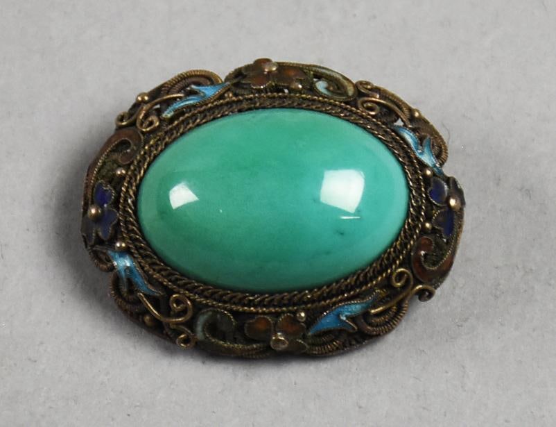 Vintage Chinese Silver, Turquoise & Enamel Brooch (1 of 7)
