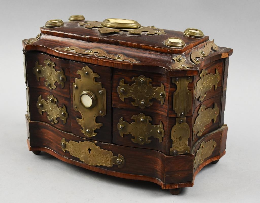 19th C Chinese Walnut Jewelry Box w/ Brass & MOP (1 of 10)