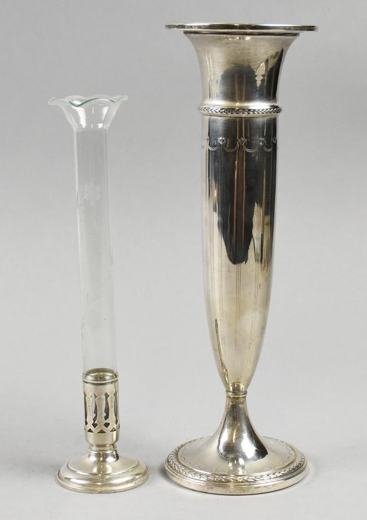 Antique La Pierre & Unbranded Sterling Glass Vases, 254g: Wonderful pieces of antique sterling. Each is a trumpet vase with one being a La Pierre in solid sterling with weighted base. One is unbranded, stamped weighted sterling with glass insert. Measure fro