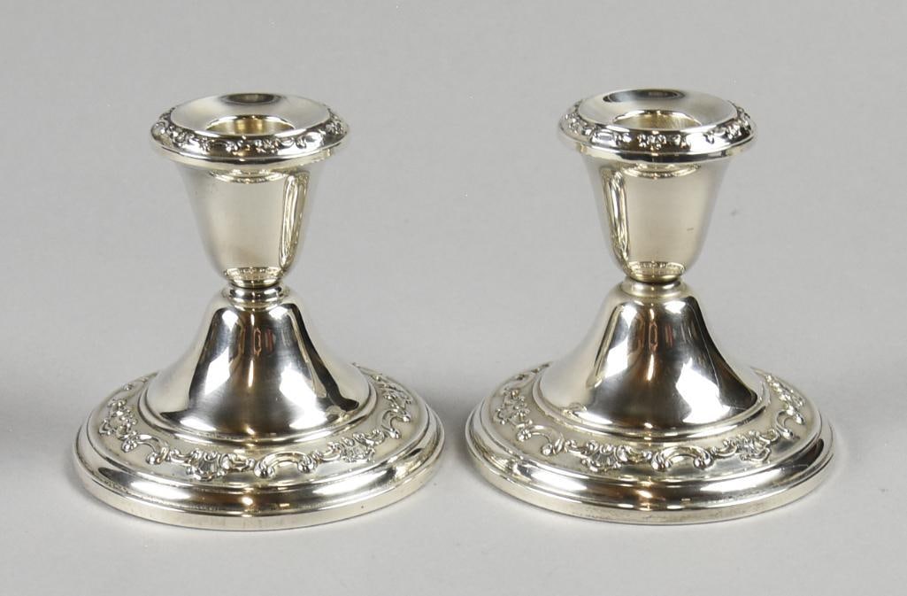 Gorham Strasbourg Sterling Candle Holders-Weighted: Beautiful pair of sterling candle holders from Gorham. The pattern is Stasbourg, originally introduced in 1897. Each with C scroll and shell details around rim and base. Well marked on bottom and numb