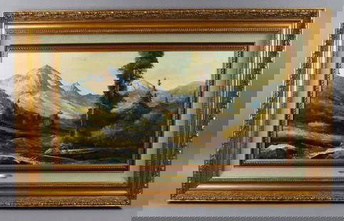 Robert William Wood (1889-1979) Grand Tetons Oil on Canvas: Amazing piece of art from American artist Robert William Wood (1889-1979). The piece called The Grand Tetons (Wyoming) is a gorgeous landscape with trees and mountains in the background. It is signed