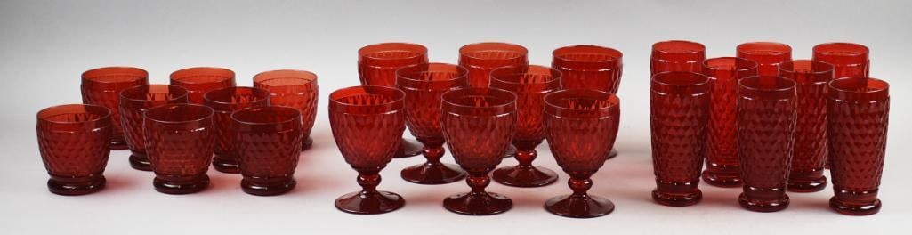 (24) Villeroy & Boch Boston Red Glasses, Barware: These are a beautiful set of Villeroy & Boch glassware/barware. There are 8 each, highball, water goblet and double old fashioned. They are in Boston Red introduced in 2003. Measure from 4",