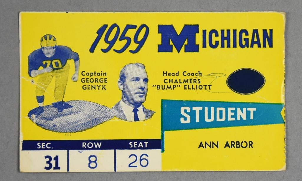 1959 Michigan Football Ticket Stub, Ann Arbor Student: I'm thinking I'm wrong on this, but here goes. This is a ticket stub for Michigan State football, other tickets out there show a school name where ours shows STUDENT, another example shows Ann Arbor w