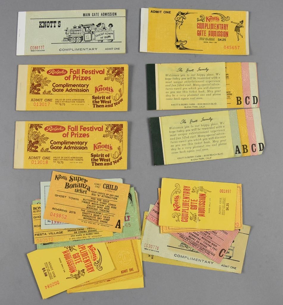 1970s Knott's Berry Farm Ticket Books w/ Extras: Fun lot for you Knott's Berry Farm collectors. These ticket books and loose tickets appear to be mostly from the 1970s, but may have an early 80s in the mix. Lots of loose admittance tickets included.