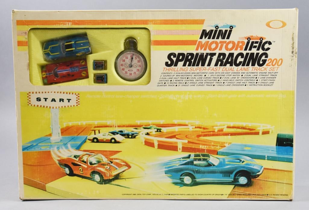 1969 Ideal Toy Corp Mini Motorific Sprint Racing-MIB: Lot is 1969 Ideal Toy Corp Mini Motorific Sprint Racing-MIB. Appears complete with all paperwork included. Single owner collection from the largest toy collector on the West Coast.